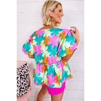 Pink Floral Print Bubble Sleeve V Neck Peplum Blouse - L thumbnail