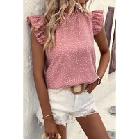 Pink Polka Dots Ruffle Flutter Sleeve Frilled Neck Blouse - XL thumbnail