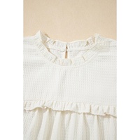 White Solid Color Ruffle Trim Waffle Knit Blouse - S thumbnail