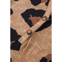 Light French Beige Leopard Folded Short Sleeve Buttoned V Neck Blouse - S thumbnail