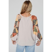Parchment Contrast Printed Raglan Sleeves Patchwork V Neck Loose Top - L thumbnail