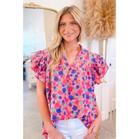 Rose Red Abstract Print Ruffled Sleeve V Neck Blouse - L thumbnail