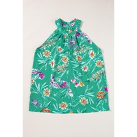 Bright Green Floral Print Buttoned Neckline Tank Top - XL thumbnail