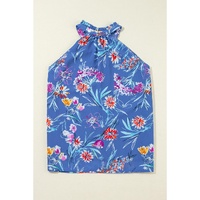 Sky Blue Floral Print Buttoned Neckline Tank Top - L thumbnail