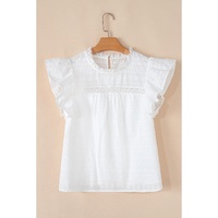 White Lace Neckline Flutter Sleeve Eyelets Blouse - S thumbnail