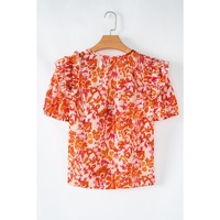 Orange Floral Print Ruffled Short Puff Sleeve Split Neck Blouse - 2XL thumbnail