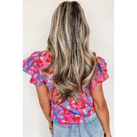 Rose Red Ruffled Sleeve Floral Blouse - L thumbnail