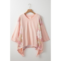 Pink Flower Patchwork Exposed Seam Oversized High Low Top - L thumbnail