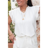 White Embroidered Ruffle Trim Textured Blouse - L thumbnail