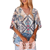 White Abstract Printed Notched V Neck Split Half Sleeve Blouse - L thumbnail