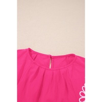 Sachet Pink Floral Embroidered Flutter Sleeve Pleated Neck Blouse - M thumbnail