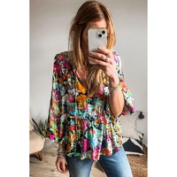 Multicolour Floral Print Bubble Sleeve V Neck Ruffled Blouse - XL thumbnail