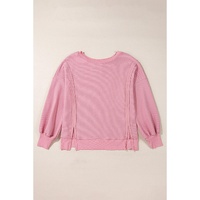 Pink Waffle Knit Bishop Sleeve Split Oversized Sweatshirt - S thumbnail