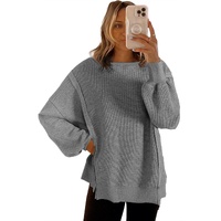 Gray Waffle knit Bishop Sleeve Split Oversized Top - XL thumbnail