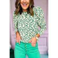 Blackish Green Leopard Print Mock Neck Puff Sleeve Top - L thumbnail