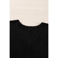 Black Waffle Knit Side Slits Loose Fit V Neck Top - M thumbnail