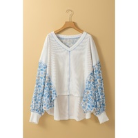 White Abstract Floral Patchwork Batwing Sleeve V Neck Blouse - M thumbnail