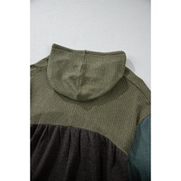 Laurel Green Mixed Textured Colorblock Patchwork Wide Sleeve Frayed High Low Hooded Top - L thumbnail