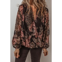 Black Floral Print Criss Cross V Neck Balloon Sleeve Blouse - L thumbnail