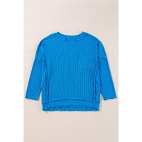 Blue Ribbed Exposed Seam Knit V Neck Long Sleeve Top - L thumbnail