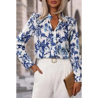 Sky Blue Floral Print Notched Neck Elegant Blouse - L thumbnail