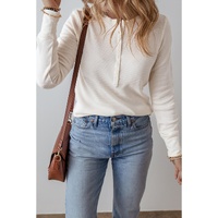 White Solid Color Waffle Half Button Long Sleeve Top - L thumbnail