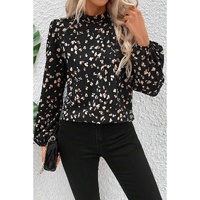 Black Leopard Print Lantern Sleeve Mock Neck Pleated Blouse - L thumbnail