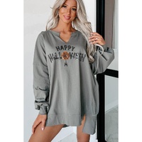 Medium Grey Sequin Happy Halloween Graphic Notched Neck Long Sleeve Loose Top - 2XL thumbnail