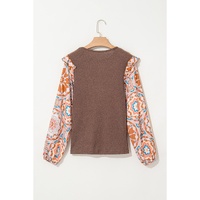 Coffee Ruffled Floral Sleeve Patchwork Waffle Knit O Neck Blouse - L thumbnail