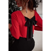 Racing Red Metallic Bowknot Open Back V Neck Top - L thumbnail