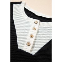 Black Color Contrast Ribbed Loose Fit Long Sleeve Top - S thumbnail