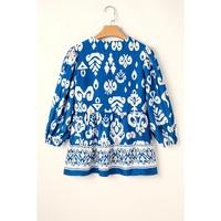 Blue Tribal Geometric Print 3/4 Sleeve Flowy Fit Blouse - L thumbnail
