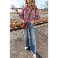 Purple Floral Allover Print Shirred Cuff Frilled O Neck Blouse - L thumbnail