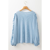 Mist Blue Corded Frilly Puff Sleeve Round Neck Blouse - M thumbnail