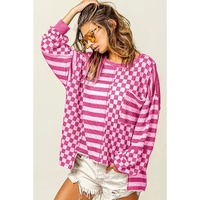Rose Red Checkerboard Striped Patchwork Lantern Sleeve Pocketed Blouse - L thumbnail
