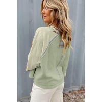 Meadow Mist Green Waffle Knit Wide Bracelet Sleeve Patchwork Raglan Top - L thumbnail