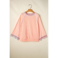 Grapefruit Orange Waffle Knit Wide Bracelet Sleeve Patchwork Raglan Top - L thumbnail