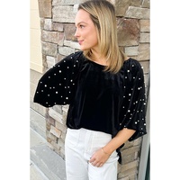 Black Pearl Beaded Half Sleeve Velvet Top - S thumbnail