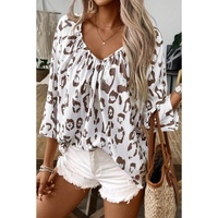 Khaki Leopard Print Ruched V Neck 3/4 Sleeve Blouse - S thumbnail