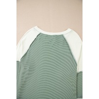Mint Green Ribbed Colorblock Patchwork Raglan Long Sleeve Top - L thumbnail
