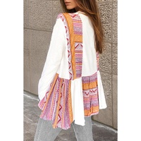 White Western Aztec Print Patchwork Ruffled Tunic Long Sleeve Babydoll Top - L thumbnail