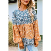 Orange Floral Color Block Patchwork Ruffled Hem Round Neck Blouse - L thumbnail
