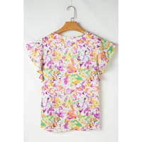 Purple Abstract Printed Ruffled Short Sleeve Notched Neck Blouse - L thumbnail