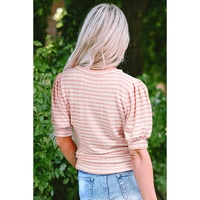 Pink Stripe Textured Puff Sleeve Crewneck Top - L thumbnail
