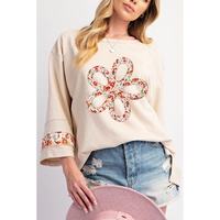 Beige Flower Patch Graphic Exposed Seam Wide Sleeve Top - M thumbnail