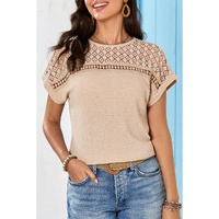 Oatmeal Lace Patchwork Waffle Short Sleeve Top - M thumbnail