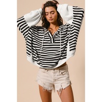 Black white Oversized Striped Henley Buttons Dolman Sleeve Hooded Top - L thumbnail
