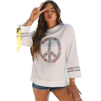 Jet Stream Floral Peace Sign Graphic Drop Shoulder Wide Sleeve Casual Top - L thumbnail