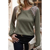 Moss Green Leopard Print Crochet Patchwork Rib Textured Knit Top - L thumbnail
