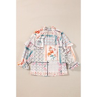 Multicolour Boho Floral Patched Ruffled Sleeve Tied Neck Blouse - S thumbnail